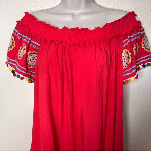 Entro Off Shoulder Pom Pom Embroidered Boho Peasant Tunic Red Orange Women Med - Picture 2 of 11